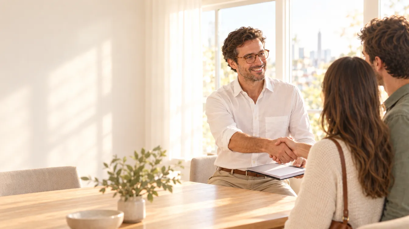 Un Arquitecto de Estudio TREO le da la mano a una pareja después de entregar el Informe, en una mesa junto al ventanal