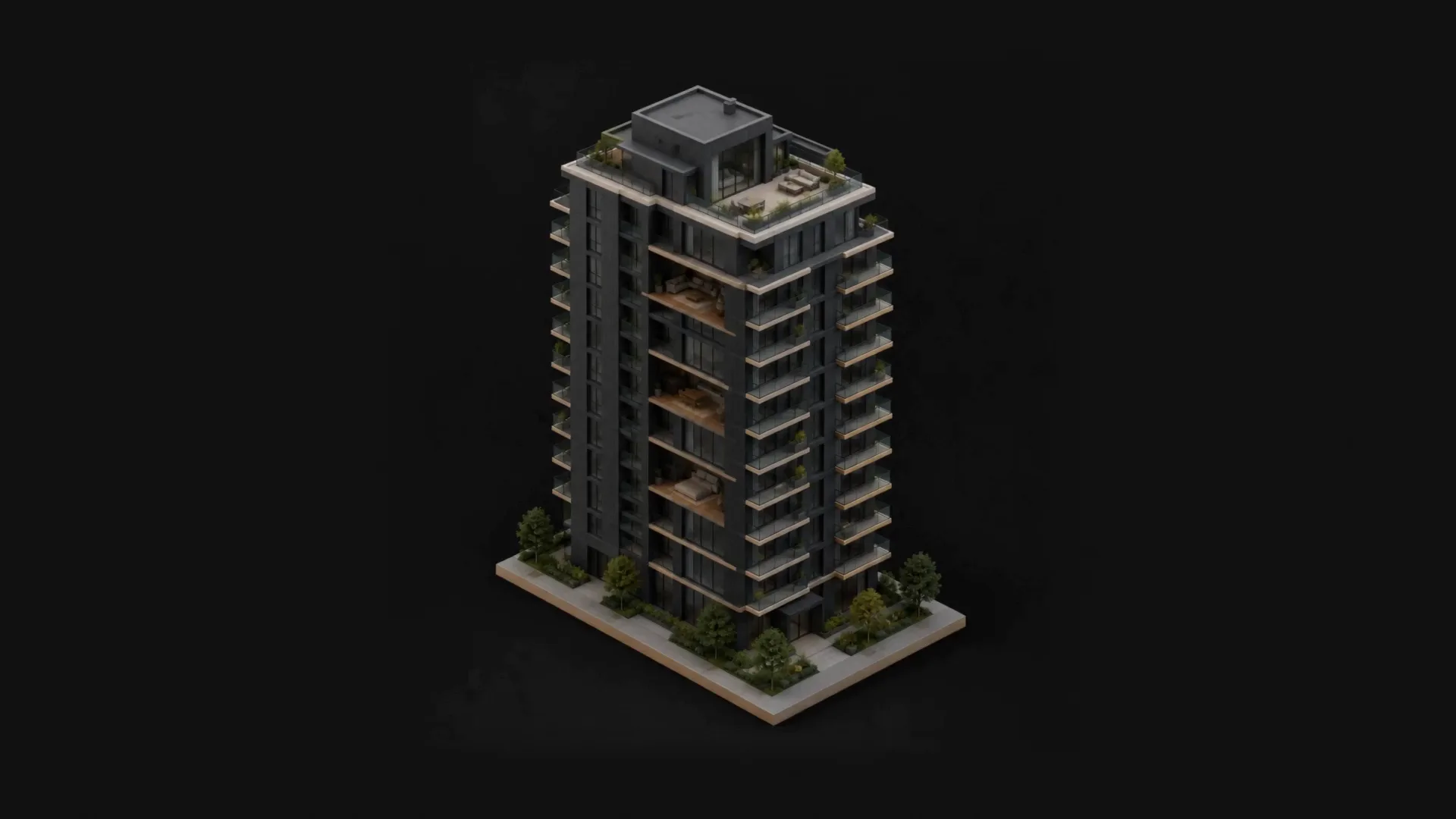 Maqueta isométrica de un edificio de departamentos en corte, con tres departamentos abiertos que dejan ver el interior, la terraza en la azotea y el acceso en planta baja
