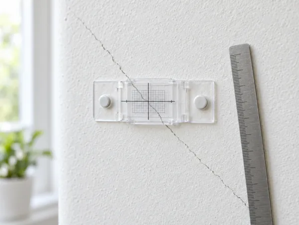 Fisurómetro pegado sobre una fisura diagonal en una pared blanca, con una regla al lado
