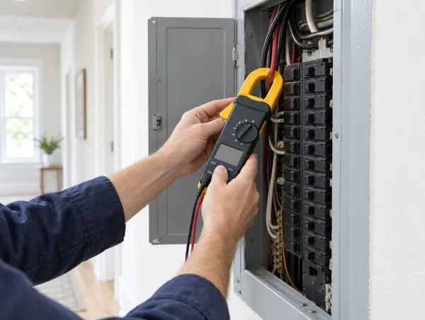 Manos con una pinza amperométrica midiendo en un tablero eléctrico, en un pasillo luminoso